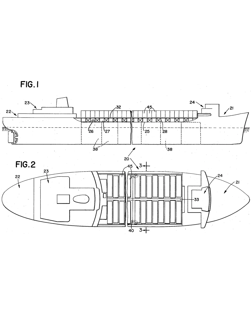 Sheet 1 of Malcom McLean’s 1958 patent: side elevation and deck plan of a freight ship, its hold divided into fixed cells that hold stacked containers.