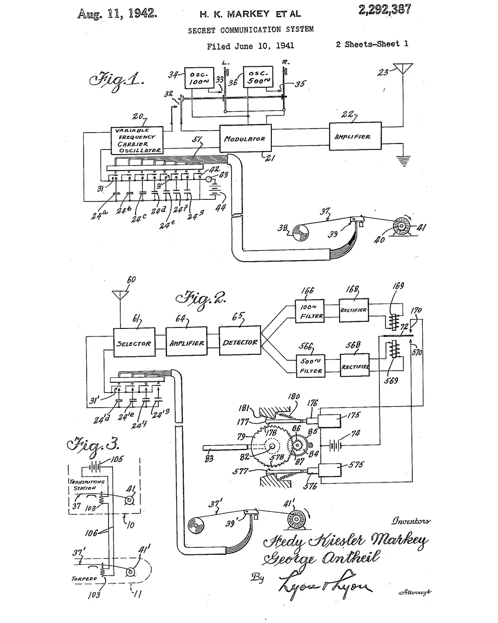 Sheet 1 of the 1942 Markey and Antheil patent: transmitting and receiving apparatus drawn as block diagrams, signed by Hedy Kiesler Markey and George Antheil.