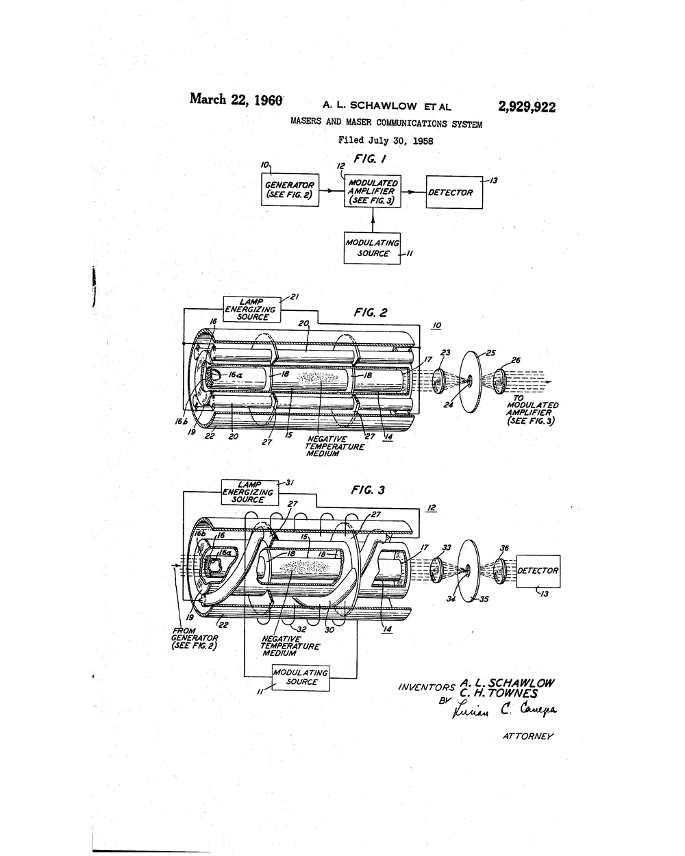 Sheet 1 of the 1960 Schawlow and Townes patent: a maser communications system as a block diagram, with sectioned resonant cavities and a pumping source.